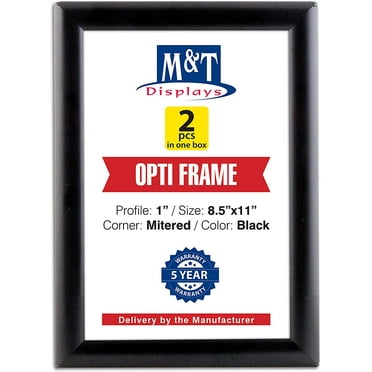 M&T Displays Opti Snap Poster Frame 8.5x11 Inch Black 1" Aluminum Profile Front Loading Wall Mounting Photo Picture Document Certificate Sign Holder Mitered Corner Anti Glare Cover (2 pack)