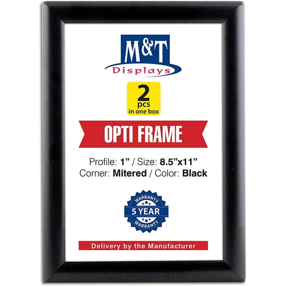 M&T Displays Opti Snap Poster Frame 8.5x11 Inch Black 1" Aluminum Profile Front Loading Wall Mounting Photo Picture Document Certificate Sign Holder Mitered Corner Anti Glare Cover (2 pack)