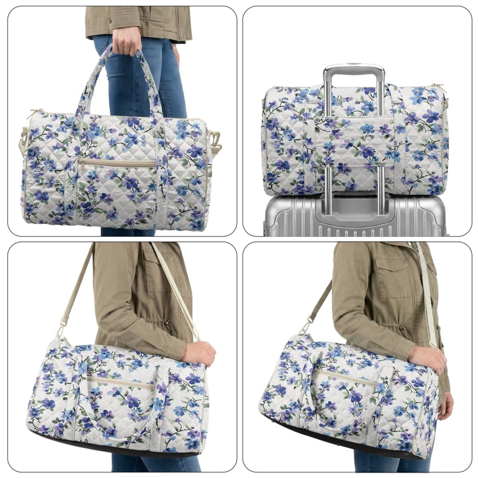 Pzuqiu Floral Quilted Weekender Bag for Women Large Capacity Puffer Travel Duffle Carry On Tote Lightweight Soft Overnight Gym Bag with Luggage Sleeve Portable Travel Bags