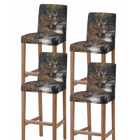 Forest Deer Bar Stool Covers Set of 4, Farmhouse Vintage River Elk Stretch Washable Bar Chair Covers with Backs, Removable Pub Counter Height Chair Cover for Kitchen Dining Room Cafe