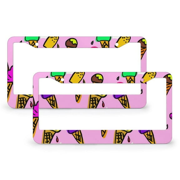 License Plate Frame Kawaii Ice Cream Pattern Funny License Plates 2 Pack Summer Dessert Quality Aluminum License Plate Cover for Girl Women Men Vehicles