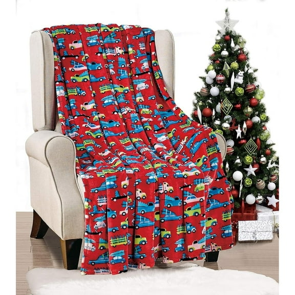 Décor&More Holiday Kids Collection Festive and Cuddly Holiday Microplush Throw Blanket (50" x 60") -Red Cars