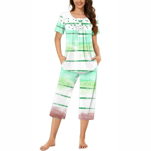 Tnhcen Pantalons Capri à Manches Courtes avec Poches Ensemble de Pyjama d'Été Imprimé pour Femmes 2 Pcs P-3TG