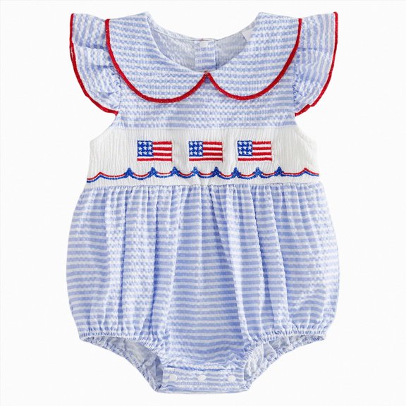 Baby Ruffle Collar Romper with Flag Embroidery and Striped Pattern