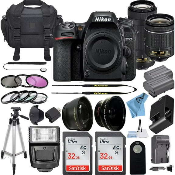 Nikon D7500 20.9MP DSLR Digital Camera w/AF-P DX NIKKOR 18-55mm f/3.5-5.6G VR Lens & AF-P DX 70-300mm f/4.5-6.3G ED Lens   2 Pcs SanDisk 32GB Memory Card   Accessory Bundle (Black)