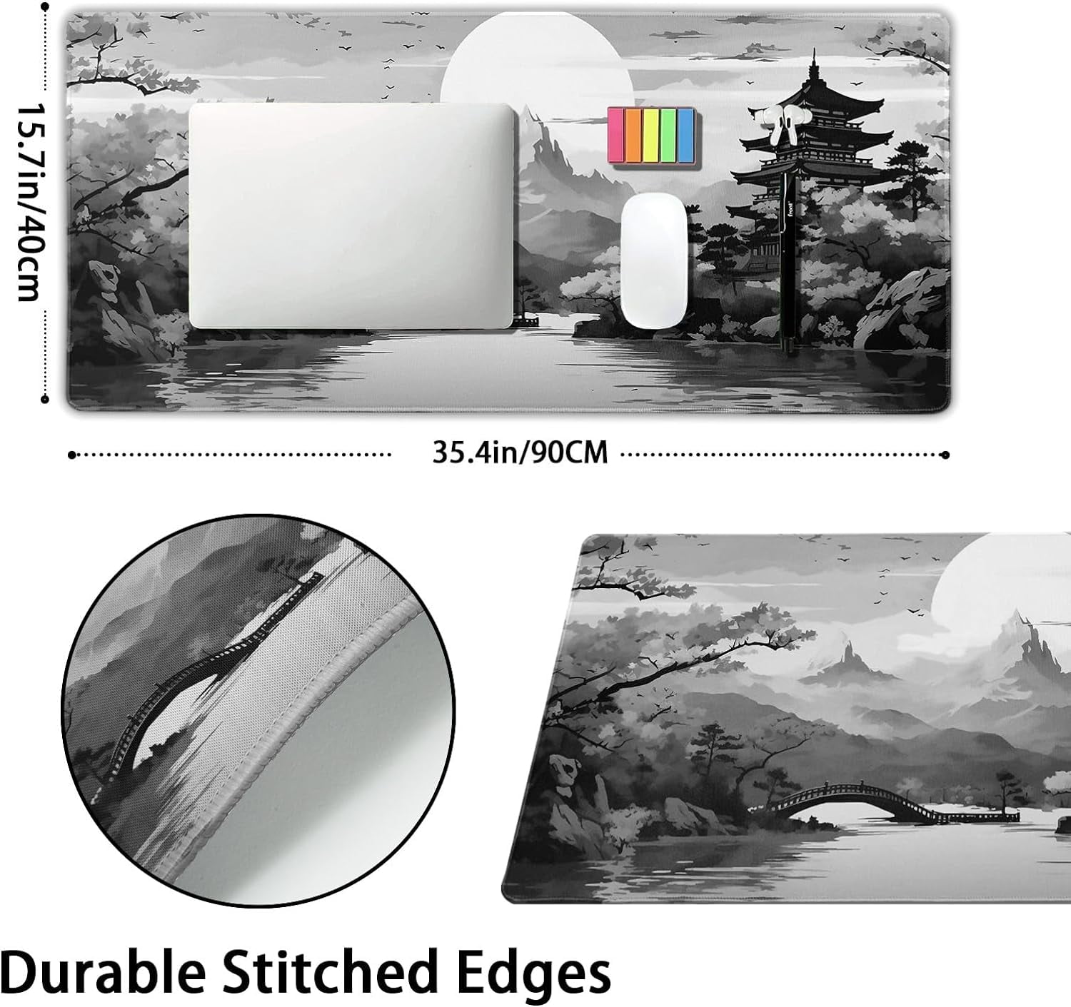 Black Gray Japanese Sakura Gaming Mouse Pad XL Grey White Cherry Blossom Tower Mountain Aesthetic Extended Large Desk Mat Mousepad Non-Slip Rubber Base Stitched Edge Desk Pad for Desktop,31.5×11.8