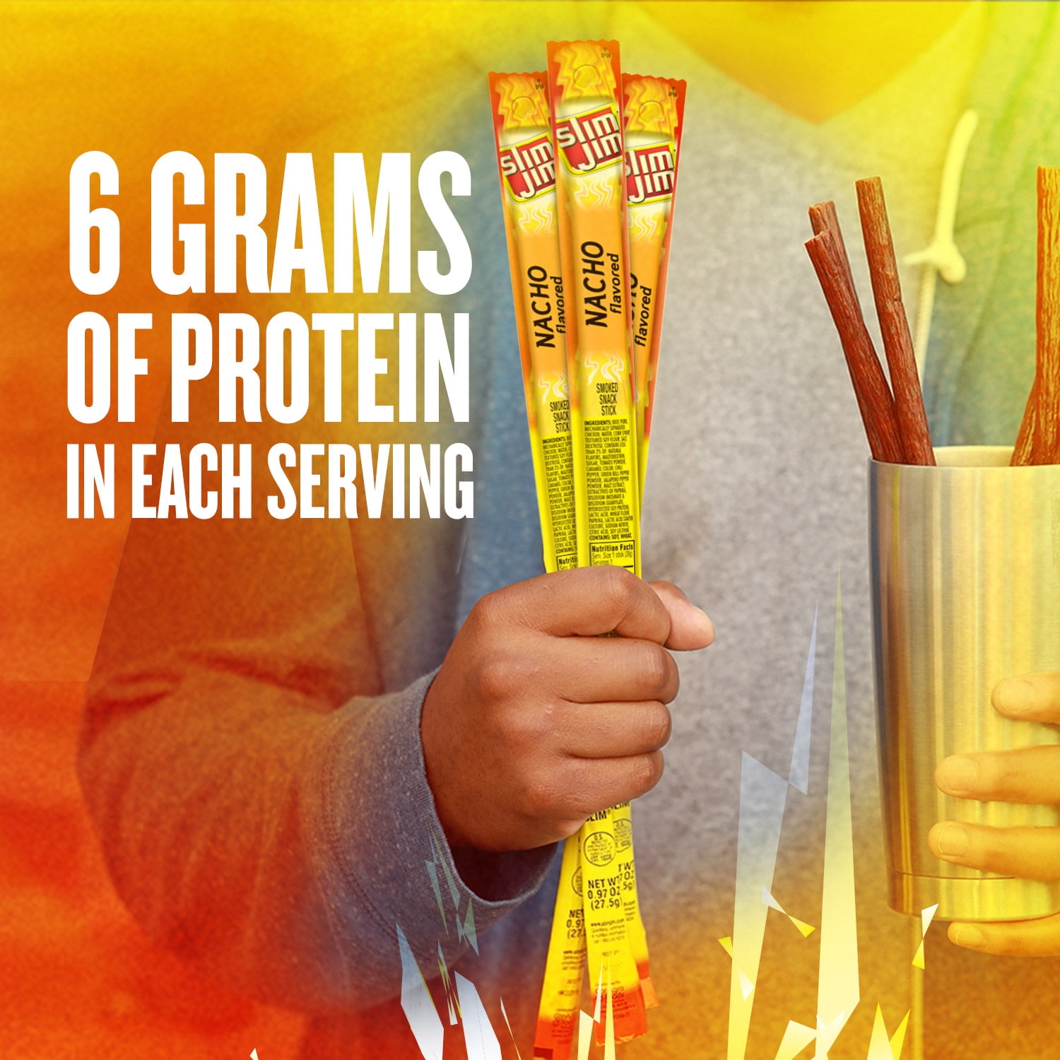 Slim Jim Giant Smoked Meat Sticks, Nacho Flavor, 6g Protein Per Stick, 0.97 oz.