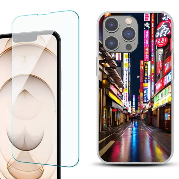 Slim-Fit TPU Phone Case for iPhone 14 Pro, with Tempered Glass Screen Protector, by OneToughShield ® - Neon Street