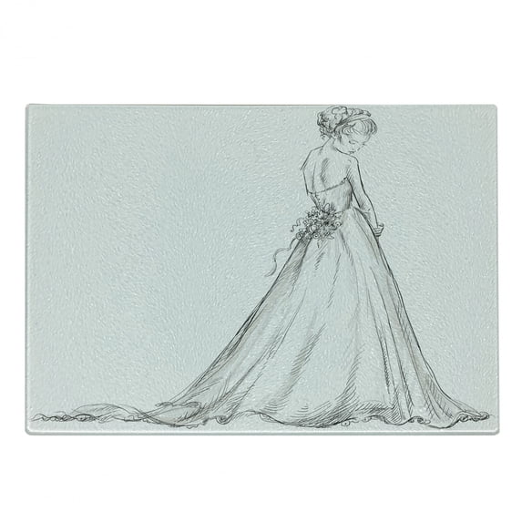 Bridal Cutting Board, Tale Ending of a Love Story Cartoon Sketchy Bride with Flowers Image, Decorative Tempered Glass Cutting and Serving Board, Small Size, Black and White, by Ambesonne