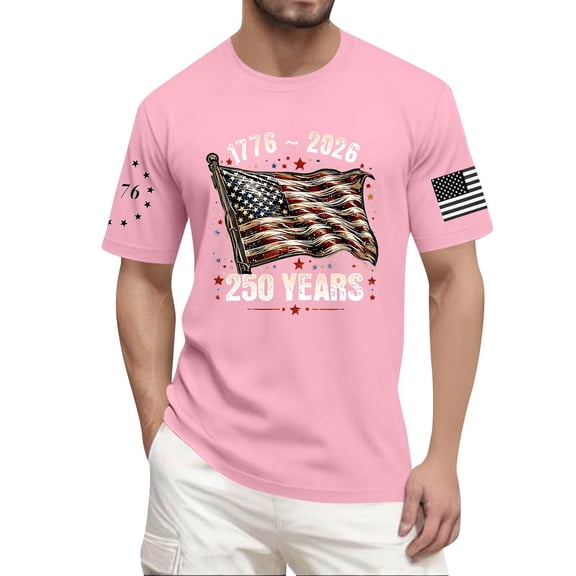 YNGKMEA Men 250 Years Anniversary Shirts Patriotic Flag and Stars Tops 4th Of July Short Sleeve Pullover Fashion Crew Neck T-Shirts Pink S