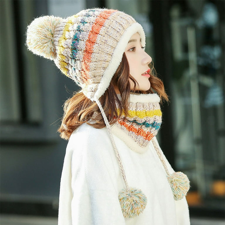 1 Set Autumn Winter Beanie Hat Scarf Colorful Striped Knitting