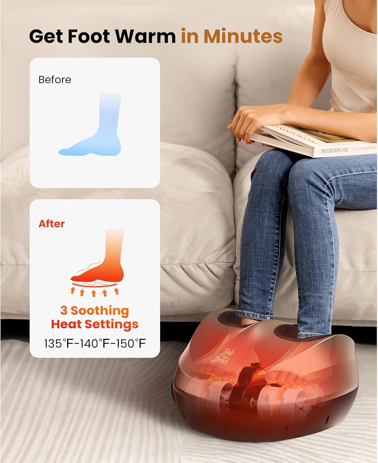 BOB AND BRAD Foot Massager with Soothing Heat & Remote, Deep Kneading Foot Massager, Heated Electric Feet Massager Machine for Neuropathy,Shiatsu Deep Kneading Foot Care