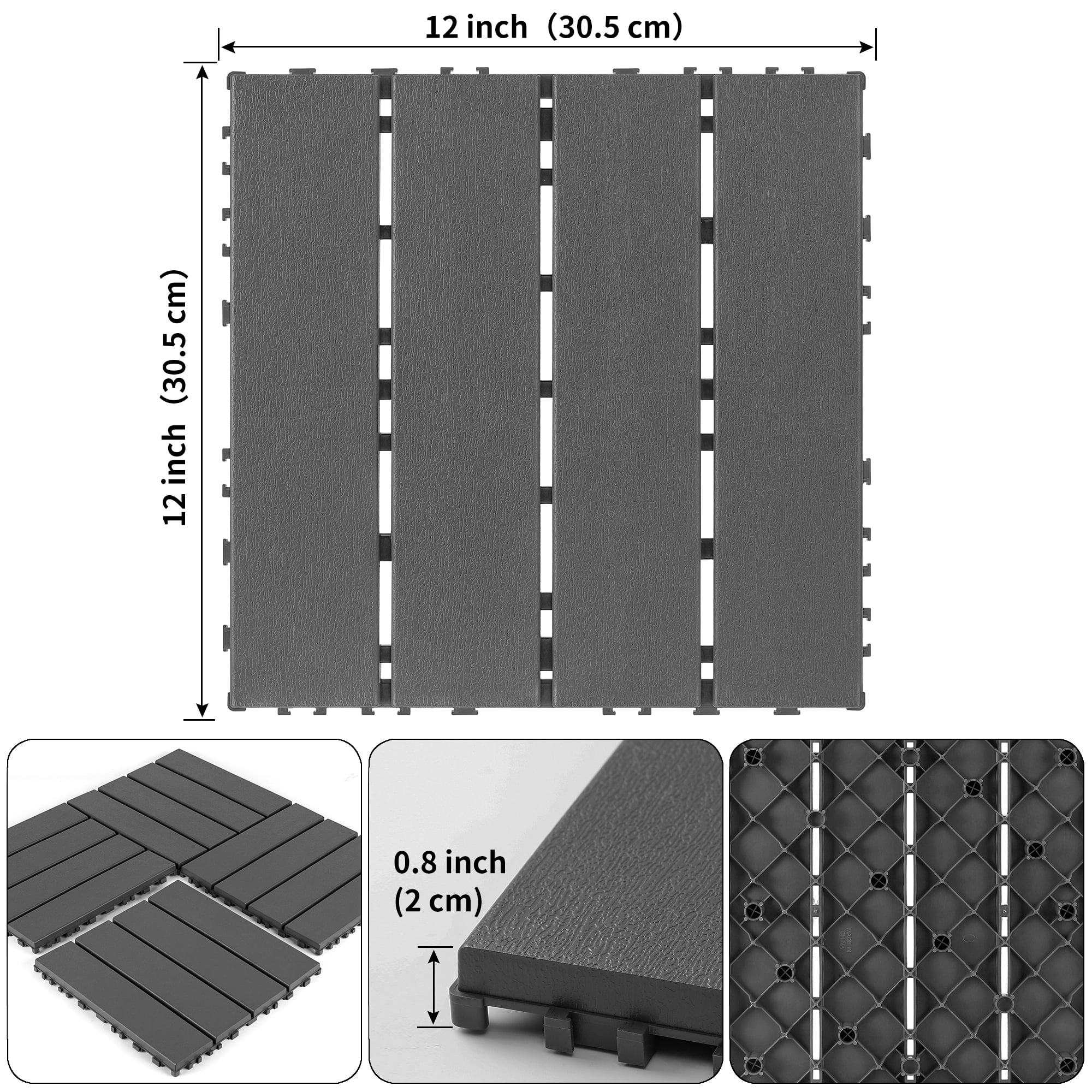 Interlocking Decking Tiles 12x12 in, Waterproof Plastic Flooring for All-Weather Use, DIY Patio Tiles for Backyard Poolside Balcony, Dark Gray, 44pcs