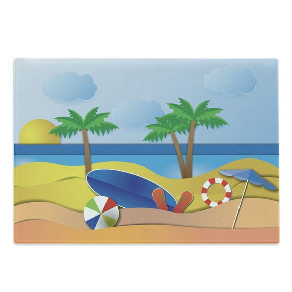 Graphic Beach Cutting Board, Paper Cut Art Style Sea View at Summer Surf Board Ball Flip Flops Umbrella, Decorative Tempered Glass Cutting and Serving Board, in 3 Sizes, by Ambesonne