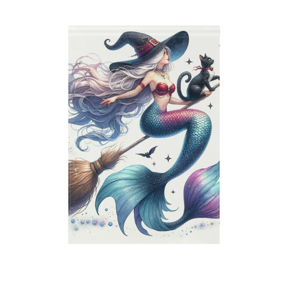 Mermaid Witch Flying on Broom Garden Flag 12X18 Double Sided Yard Flags for Outside Outdoor All Seasonal Decoration