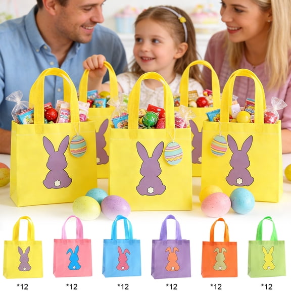 JeashCHAT 12 Pack Easter Gift Bags, Easter Egg Hunt Bags, Non-Woven Bunny Gift Bags with Handles, Party Supplies, 7.87"x7.87"x3.54"