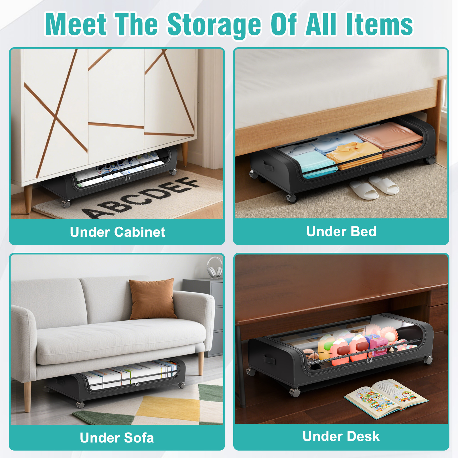 Under Bed Storage with Wheels, 2 Pack Under Bed Storage Containers, Under Bed Shoe Storage Organizer, Rolling Under Bed Metal Drawer for Clothes, Black