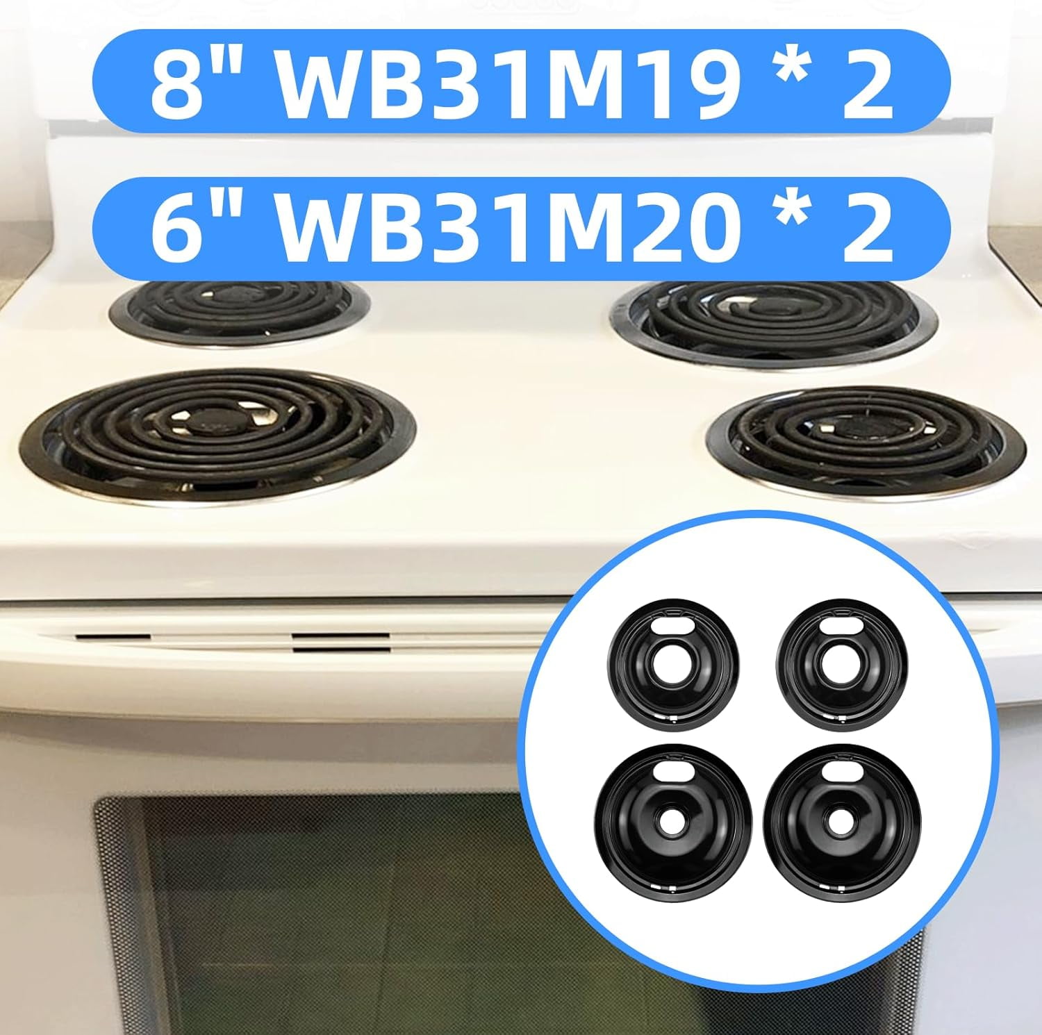 Black Stove Burner Drip Pans Replacement for GE Hotpoint Electric Stove Burner, (2) 8" WB31M19 (2) 6" WB31M20 Set by
