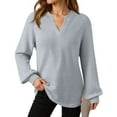 thumbnail image 6 of WTOBBY Women's Long Sleeve V-Neck Casual Knit Top - Solid Color Waffle Texture Everyday Wear Spring Fall Fashion Tunic Blouse for Women, Stylish Comfort Stretch Fabric,Gray S, 6 of 6