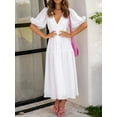 thumbnail image 6 of Women's V Neck Puff Sleeve Midi Dress with Ruched Detail Lined Body Lightweight Fabric 95% Polyester 5% Spandex, 6 of 20