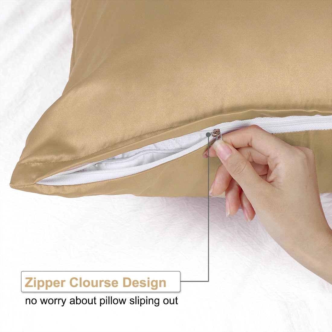 Unique Bargains Pillow Covers Silky Satin Zipper Pillowcases Set of 2 Caramel 21" x 31"