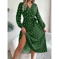 thumbnail image 6 of Women'S Polka Dot Wrap V Neck Belt Long Sleeve Pleated Maxi Dress Flowy Casual Long Dress Green XL, 6 of 9