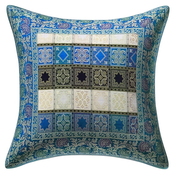 Stylo Culture Indian Settee Sofa Throw Pillow Cover 16 x 16 Jacquard Turquoise Traditional 40 x 40 cm Home Decor Brocade Geometric Zippered Square Cushion Cover | 1 Pc