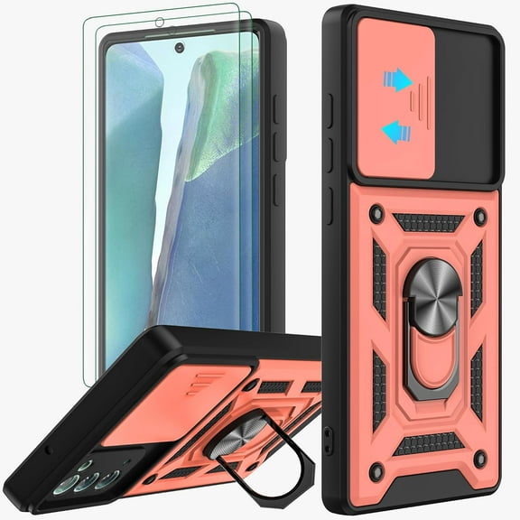 for Samsung Galaxy Note 20 Case with Flexible TPU Screen Protector 2 Pcs, Slide Camera Lens Cover Protective Case with Magnetic Ring Kickstand for Samsung Galaxy Note 20 5G-Rose Gold