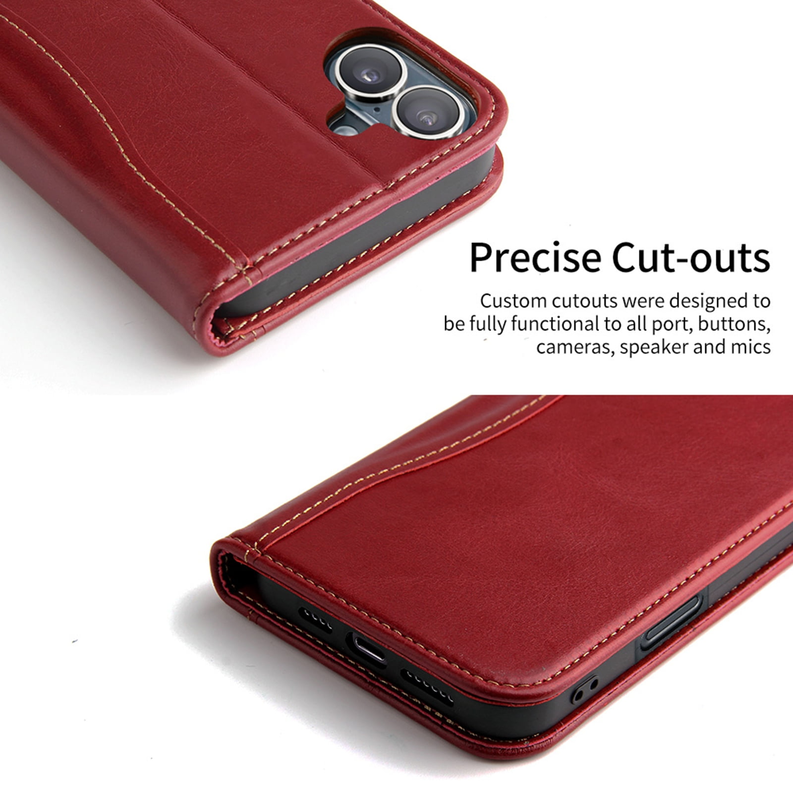 TECH CIRCLE for iPhone 17 Classic Wallet Case, Genuine Leather Magnetic Closure Book Folding Flip Leather Case with Card Holder Kickstand TPU Shockproof Protective Phone Cover,Red