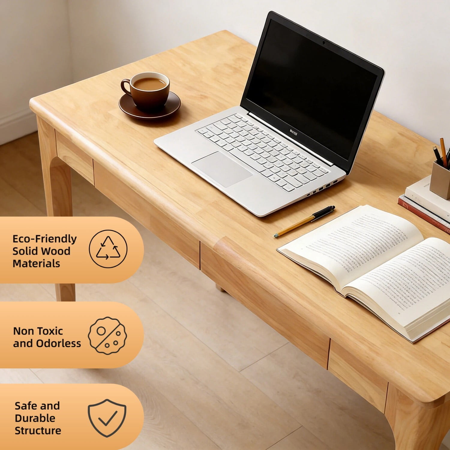 Solid Wood Desk with Drawers 47" Mid Century Modern Writing Desk Home Office Study Table for Bedroom Living Room, Wood