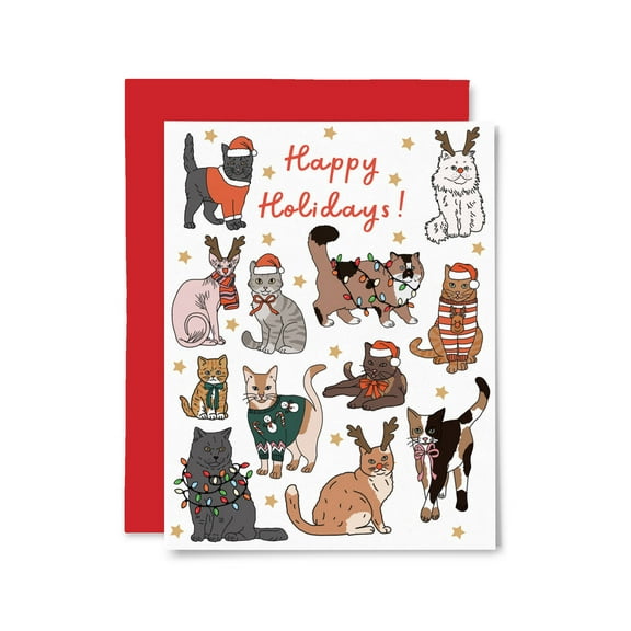 Happy Holidays Cat Greeting Card - Festive Feline Design with Santa Hats and Christmas Lights - Envelope Included - Perfect Holiday Card for Cat Lovers