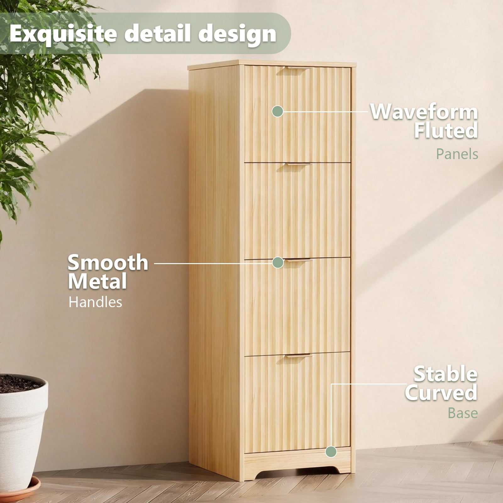 Ktaxon Tall 4-Drawer Wood File Cabinet Vertical Filing Cabinet for Letter A4-Sized Files Easy to Assemble, Modern Style Fluted Design Wood