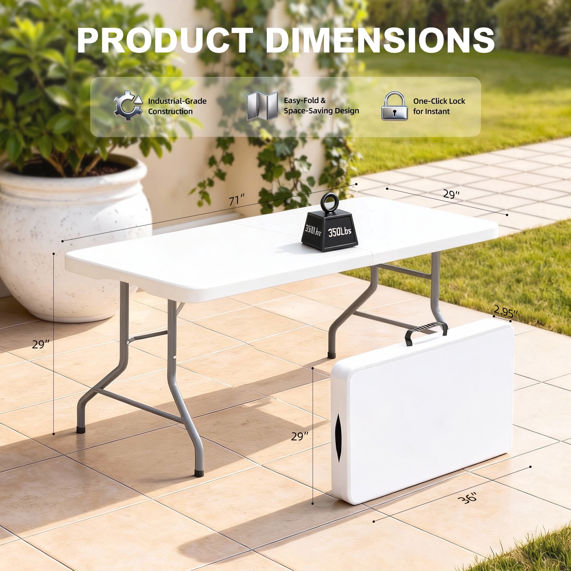 Furnibear 6FT Folding Table,Indoor Outdoor Portable Fold-in-Half Table with Carrying Handle for Picnic Party Camping,White
