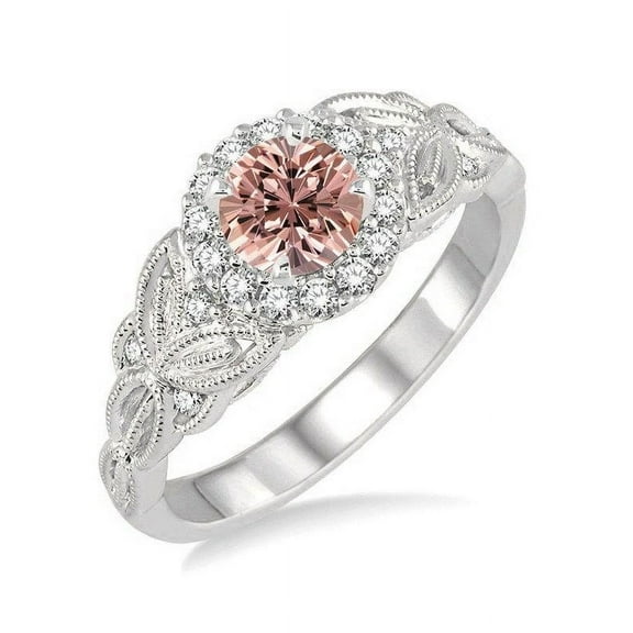 1.25 Carat Peach Pink Morganite Round cut Diamond Engagement Ring in 14k White Gold Ring morganite and diamond engagement ring