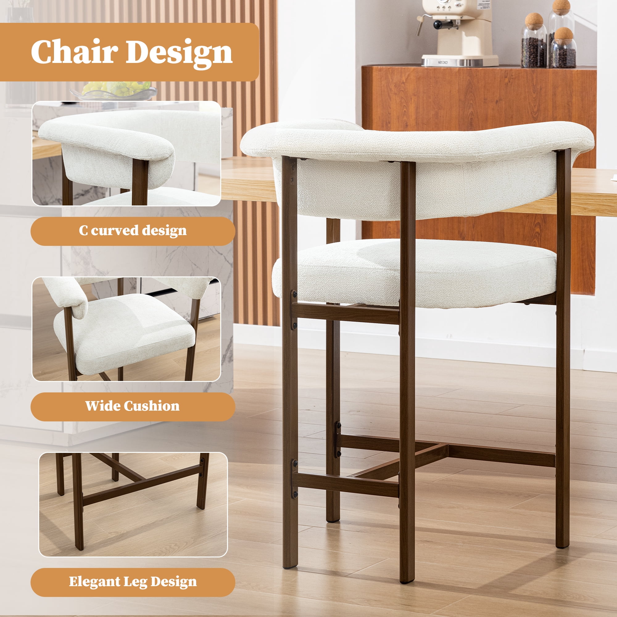 Primy Counter Height Bar Stool with Padded Arms, Modern Fabric Upholstered Dining Room Barstools Kitchen Island Armchair with Footrest+Curved Backrest
