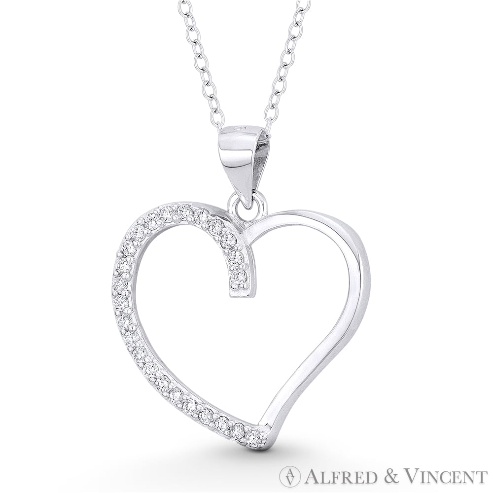 Sterling Silver Pave CZ Link Necklace w// Heart Charm