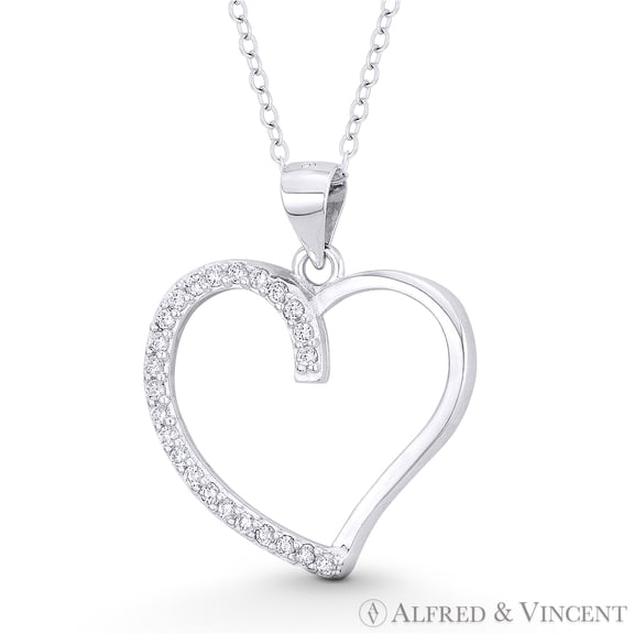 Open-Design Heart Charm CZ Crystal Pave Pendant & Chain Necklace in .925 Sterling Silver w/ Rhodium