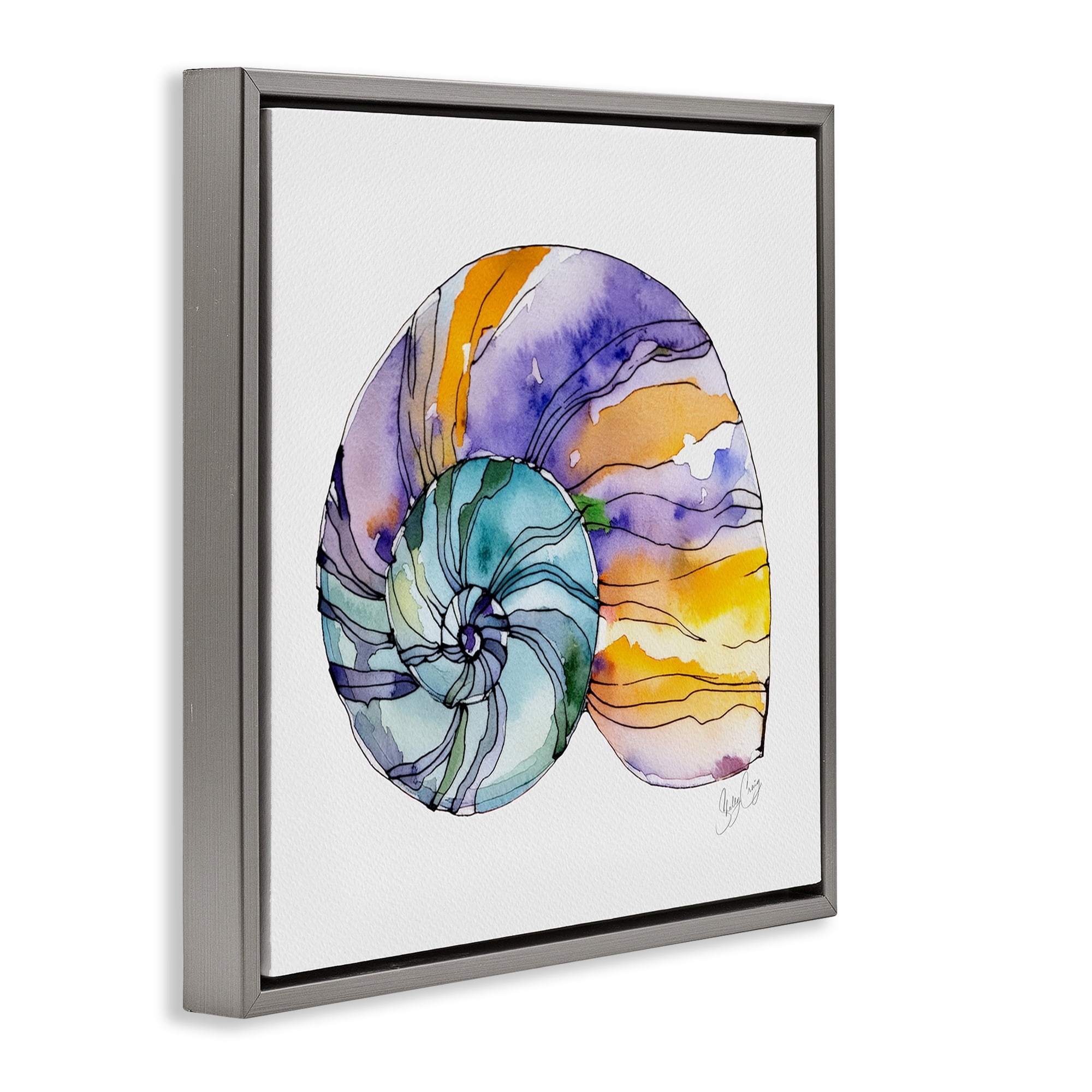 Stupell Industries Sunlit Striped Nautilus Gray Framed Floater Canvas Wall Art, design by Shelly Craig