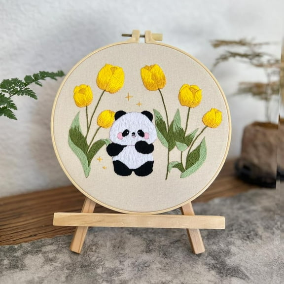 Embroidery Starter Kits Panda & Flowers with Pattern and Instructions, Plastic Embroidery Hoops,Threader,Color Threads and Needles,Embroidery Kit for Beginners(IN04)