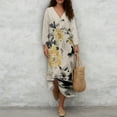 thumbnail image 4 of COEQINE Boho Chic Dress for Women 3/4 Sleeve Wrap V-Neck Flowy Midi Tunic Sundress, Loose Casual Beach Church Dress, Wrinkle Resistant, Size L, Ink Yellow Peony Cat, 4 of 6