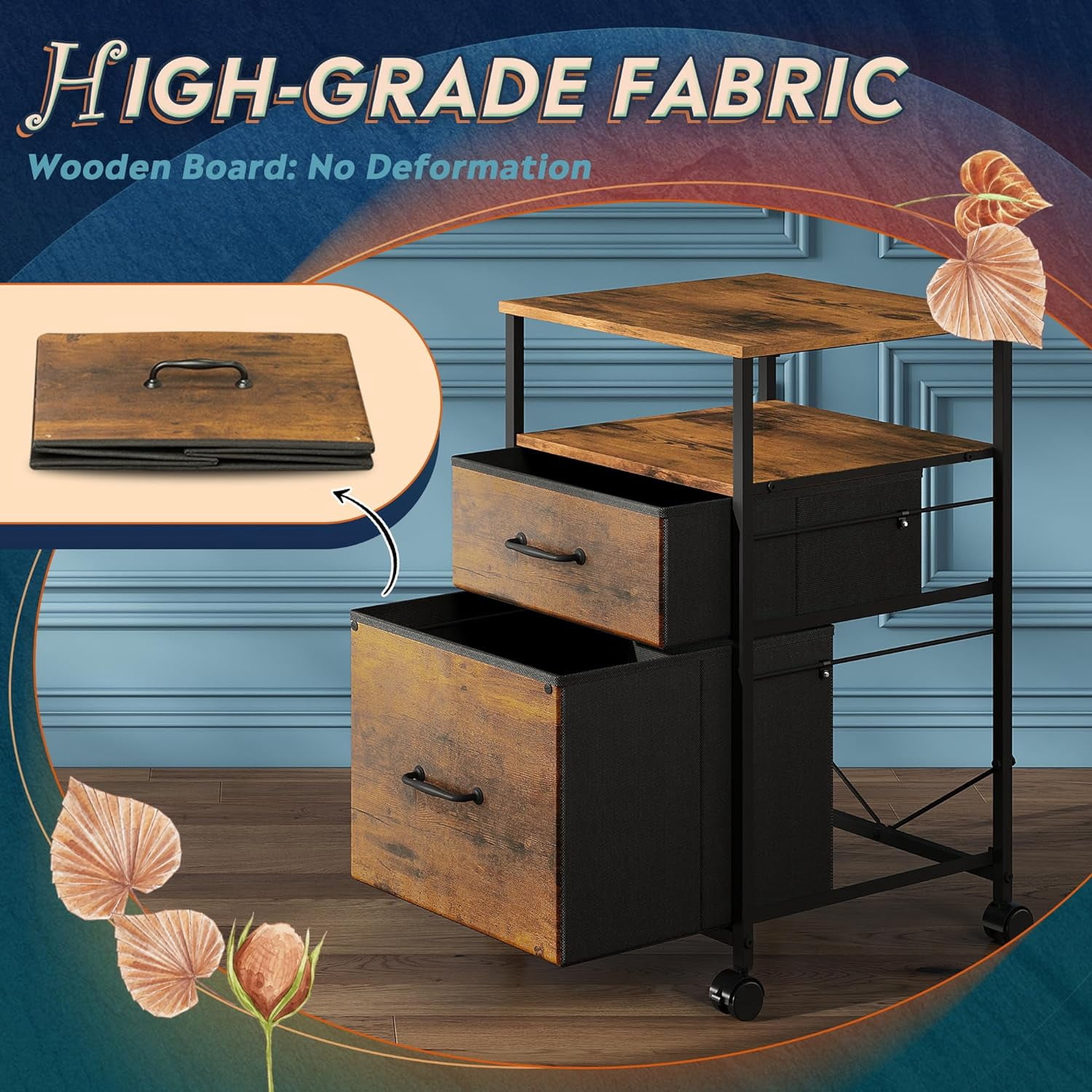 2 Drawer Mobile File Cabinet, Rolling Printer Stand with Open Storage Shelf, Fabric Vertical Filing Cabinet fits A4 or Letter Size for Home Office