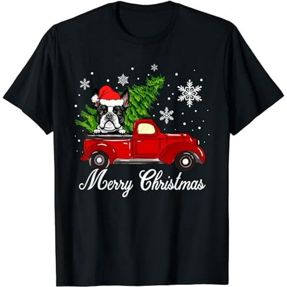Boston Terrier Dog Riding Red Truck Merry Christmas Pajama T-Shirt