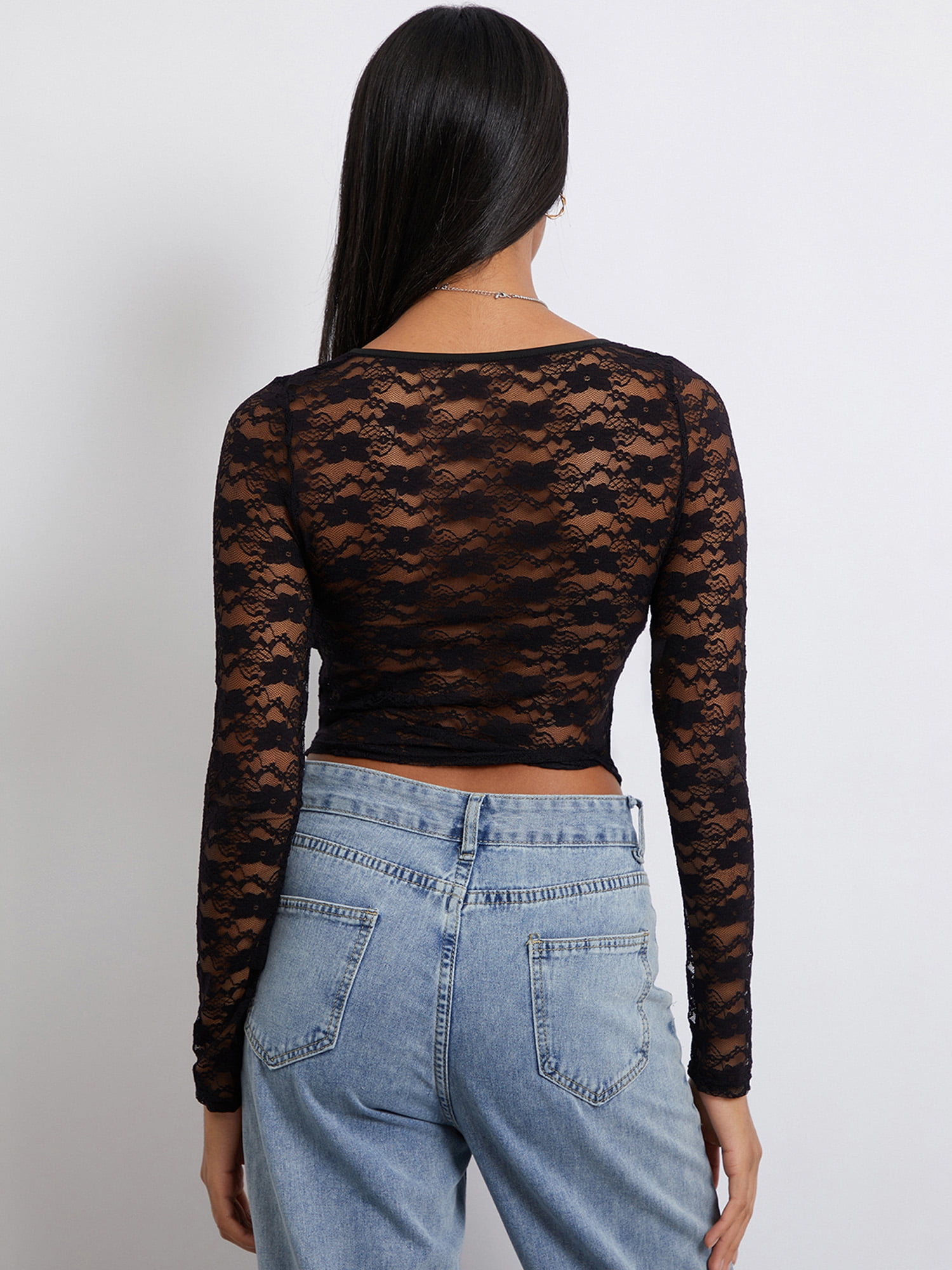 sheer black top with floral embroidery
