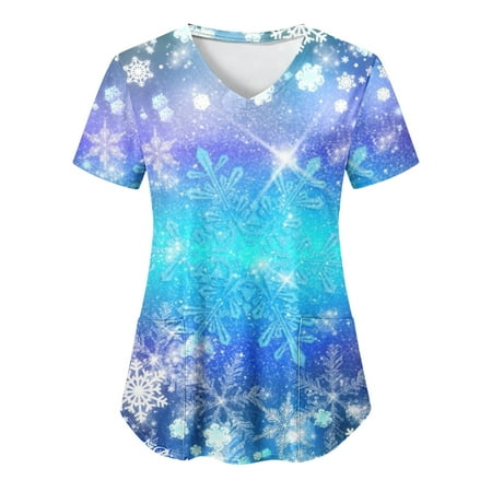 

TAIAOJING Women Scrubs Top Casual Christmas Snowflake Fun Gradient Print Short Sleeve Workwear