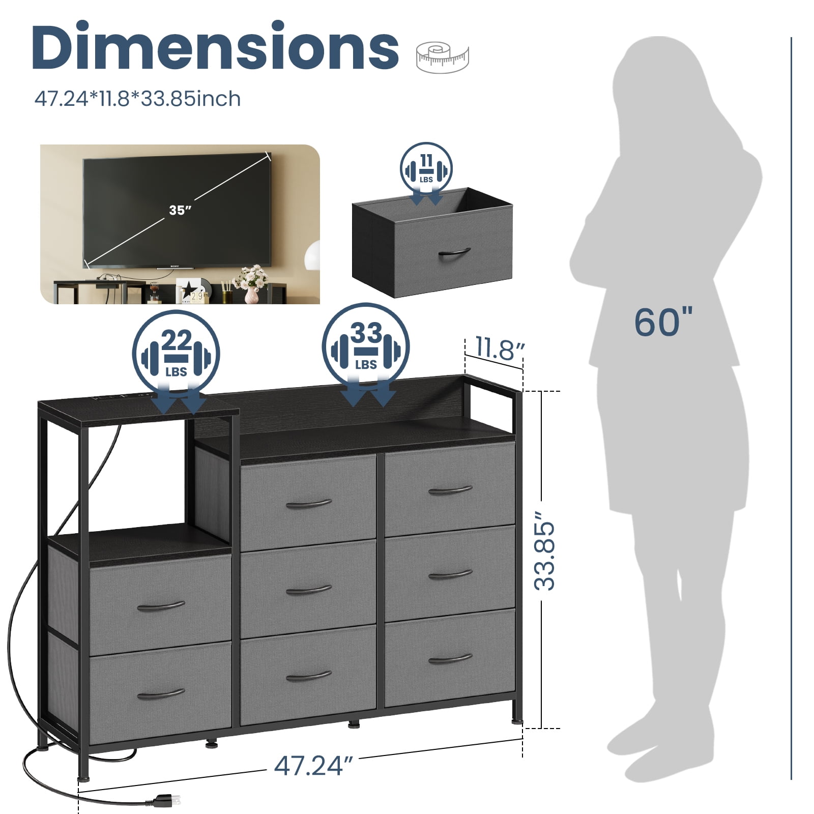 EDX 8 Drawer Dresser TV Stand, with Power Outlets and Open Shelves, for Bedroom and Living Room, Gray