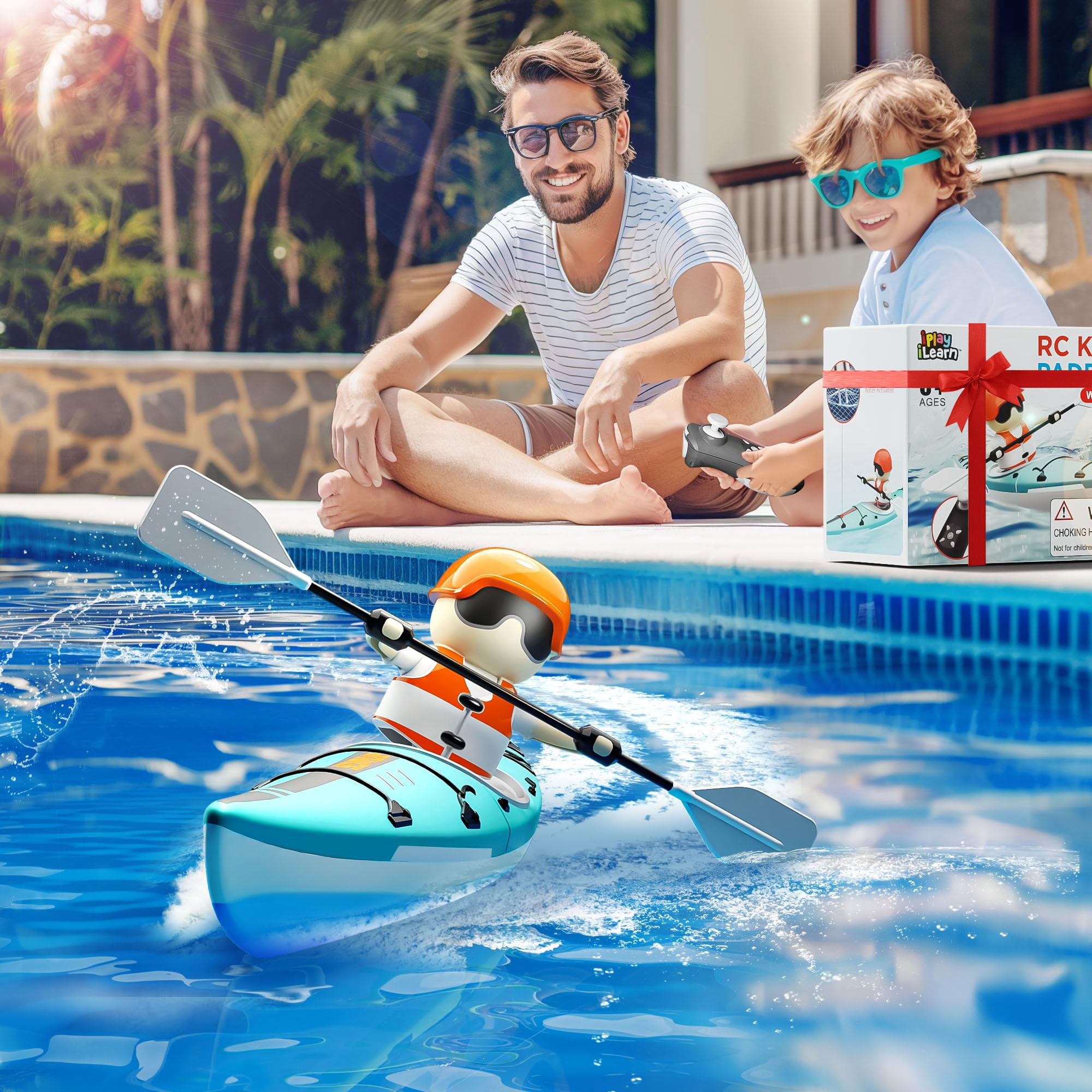 Remote Control Boat for Kids, RC Kayak Boat with Lights Paddle for Pool & Bathtub, High-Speed Water Racing Toys for Boys Girls Christmas Gifts