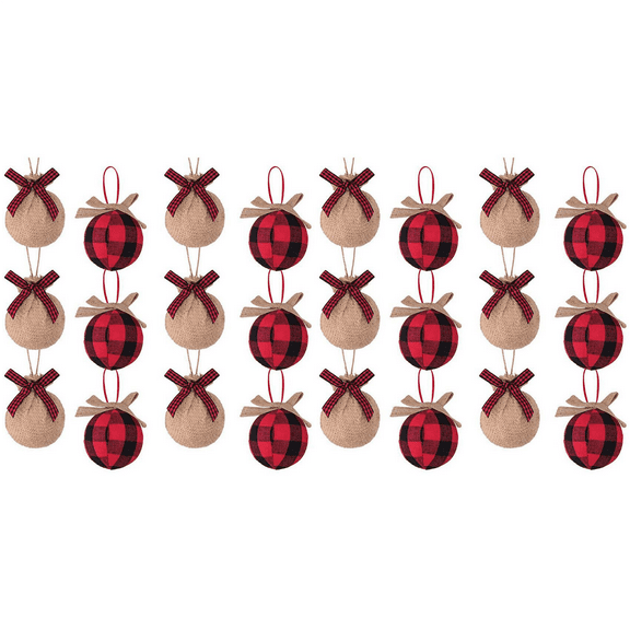 Christmas Tree Ornaments, 24Pcs 2-1/2 Inches Red Black Check Plaid Stitching Burlap Decorations