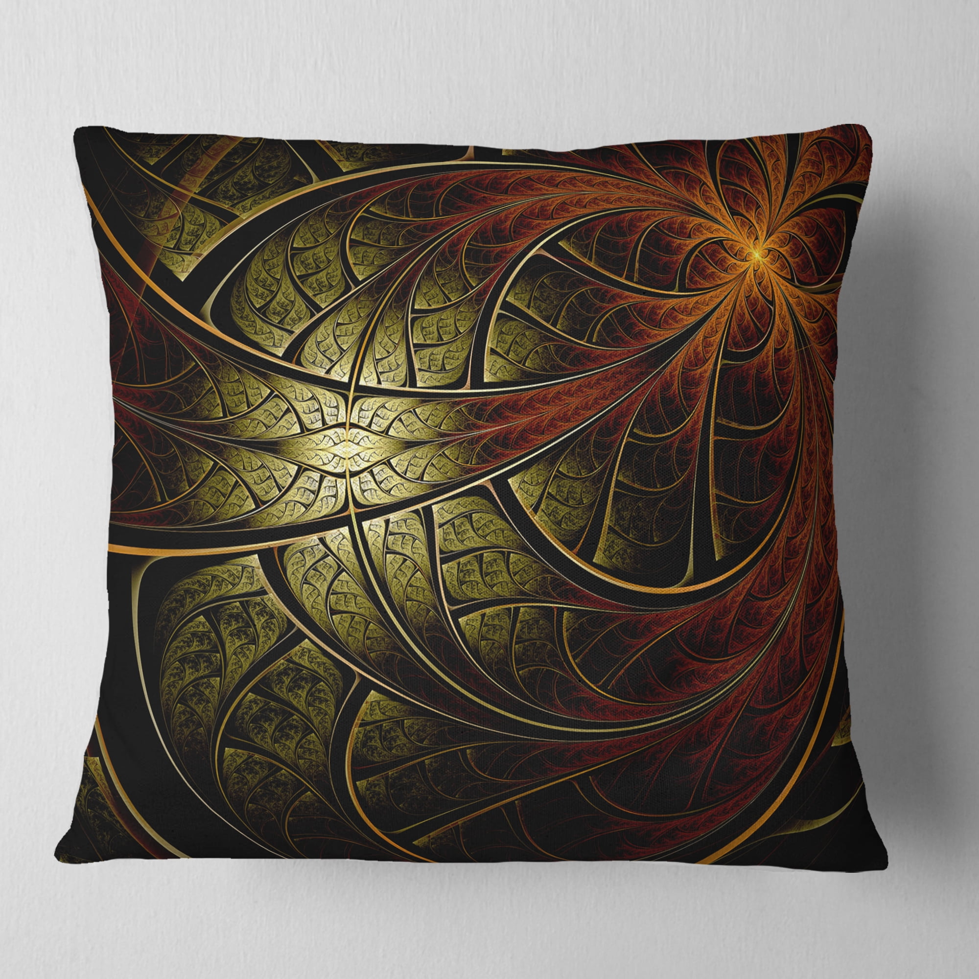 Designart Red Yellow Metallic Fabric Flower - Abstract Throw Pillow - 16x16