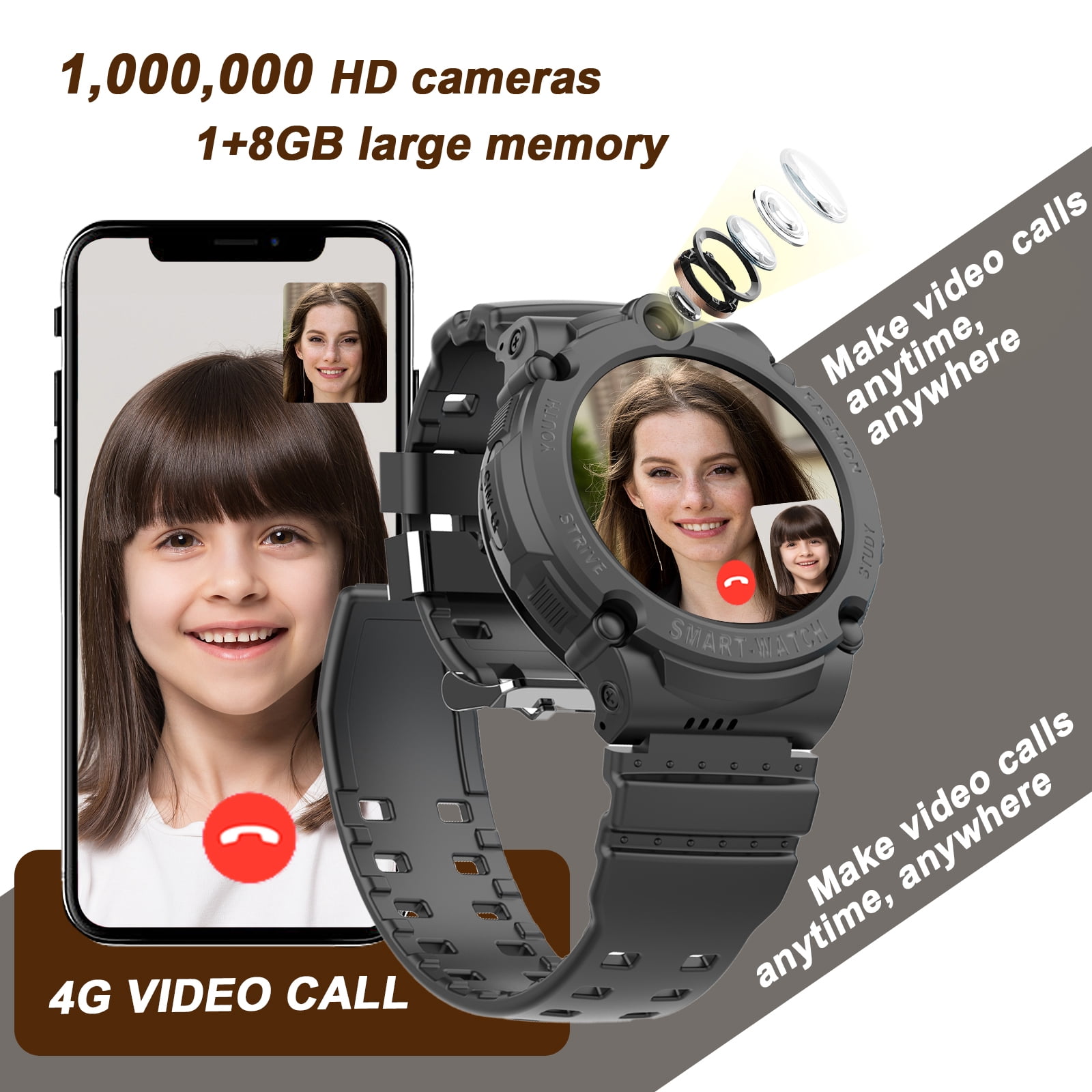 PTHTECHUS S02 Smart Watch for Boys Girls Smartwatch for Kids with 4G SIM GPS Video Call Pedometer MP3 Flashlights Calculator Alarm Clock Children Holiday Gift Black