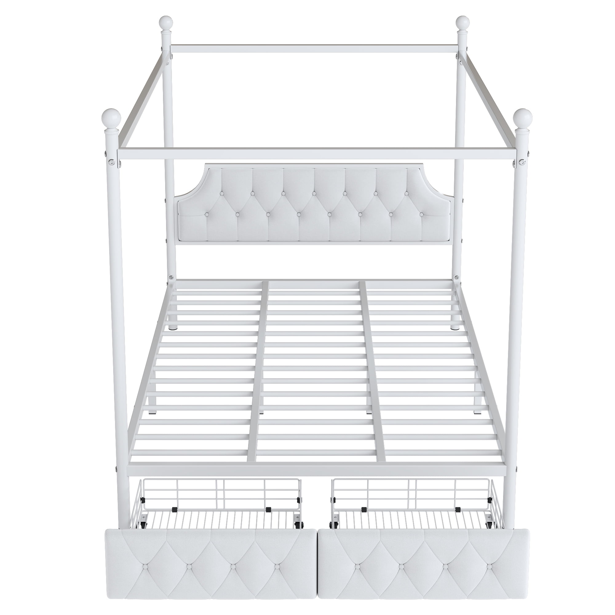 Euroco Wood Queen Size Canopy Platform Bed with Four Support Legs and 2 Drawers for Kids Teens Adults, White